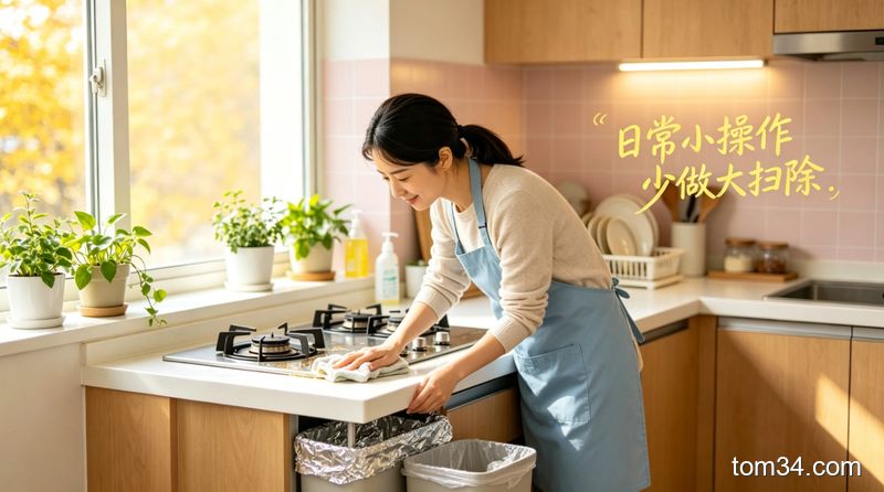 女生做完饭后趁着灶台余温用抹布擦台面，动作轻松不费力