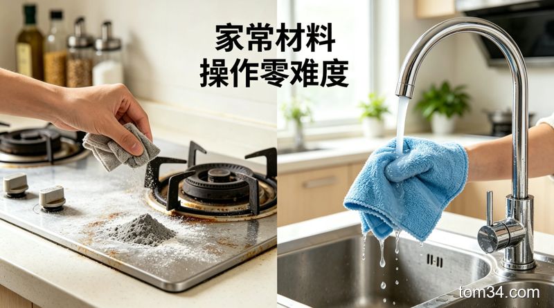 灶台的新鲜油污上撒了一层面粉，旁边放着干抹布，场景生活化