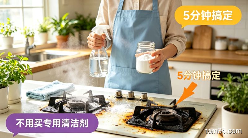 家庭厨房油污清洁场景，台面上摆放白醋、小苏打、喷壶、清洁布，阳光明亮