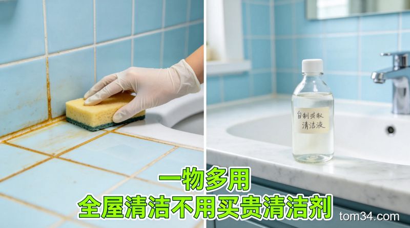 用自制清洁液擦卫生间镜子、地板的场景对比图，左边脏右边干净