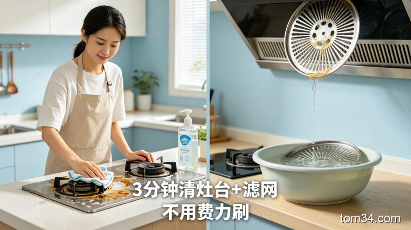 生活化厨房场景，左侧人物用沾了热水洗洁精的抹布一擦灶台，油污立刻消失，右侧碗里放着泡在小苏打开水里的油烟机滤网，油污正往下掉，配文字'3分钟清灶台+滤网 不用费力刷'，风格清新明亮，突出快手易操作