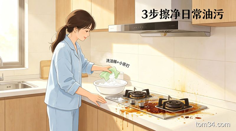 清新明亮厨房场景，普通人用抹布蘸洗洁精+小苏打混合物擦拭灶台油污，动作轻松不费力，配文字标注“3步擦净日常油污”，突出快手高效