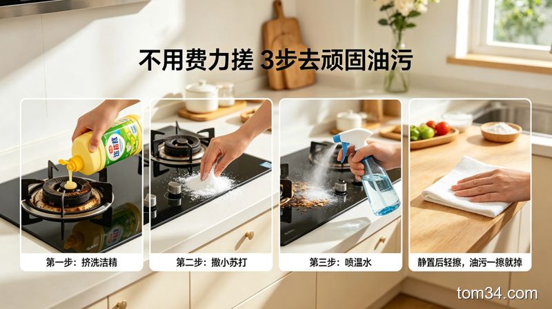 清新明亮生活化厨房场景，展示灶台油污清洁全流程：挤洗洁精、撒小苏打、喷温水、静置后用抹布轻擦，油污一擦就掉，搭配文字标注「不用费力搓 3步去顽固油污」