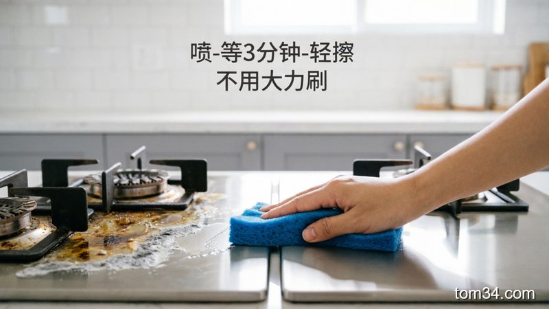 有明显重油污的厨房灶台场景，一只手往灶台上撒小苏打，另一只手拿着白醋喷壶喷洒，旁边放着干净的海绵擦，配文字标注“灶台重油污 2分钟搞定 不伤釉面”，风格生活化，突出快手、操作简单的特点