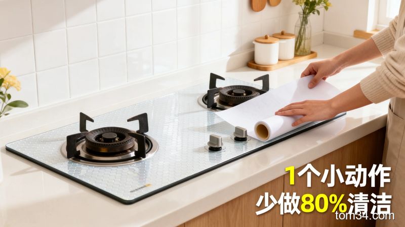 整洁干净的厨房灶台场景，展示人往灶台上铺防油贴纸的动作，标注“1个小动作 少做80%清洁”文字，风格温馨明亮，突出懒人友好