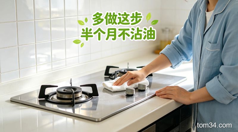 厨房台面上摆放着小苏打、白醋瓶，女生正用抹布轻松擦拭灶台油污