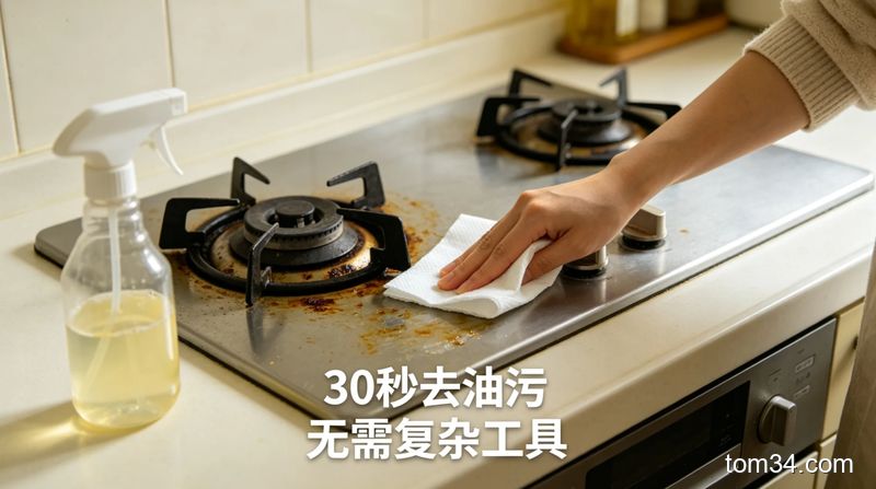 清新明亮生活化风格，手拿着厨房纸擦拭灶台表面油污，旁边放着兑了洗洁精的普通喷壶，配文字标注“30秒去油污 无需复杂工具”，突出操作简单易上手