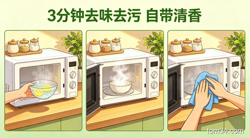 打开微波炉，拿着抹布擦内壁，旁边放着装有柠檬片的玻璃碗，微波炉内壁干净透亮的油污清洁场景