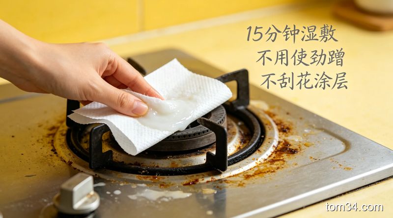 家用灶台有明显油污的场景，一只手正拿着蘸满白醋小苏打糊的厨房纸敷在油污上，旁边配文字标注「15分钟湿敷 不用使劲蹭 不刮花涂层」，风格清新生活化，突出操作简单