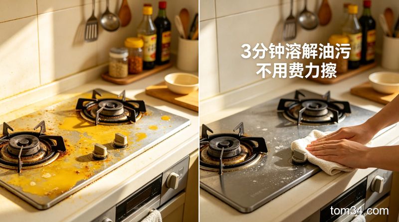 厨房油污场景，灶台上有黄色顽固油污，喷完柠檬酸水静置后抹布一擦就干净的对比画面，旁边标注文字「3分钟溶解油污 不用费力擦」，风格明亮生活化，突出高效