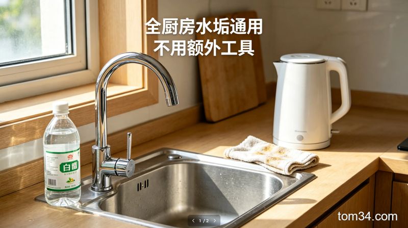 清新明亮生活化厨房场景，展示清洁后的光亮水龙头、水槽、电水壶，旁边放着白醋和旧抹布，配文字标注「全厨房水垢通用 不用额外工具」，突出高效便捷特点