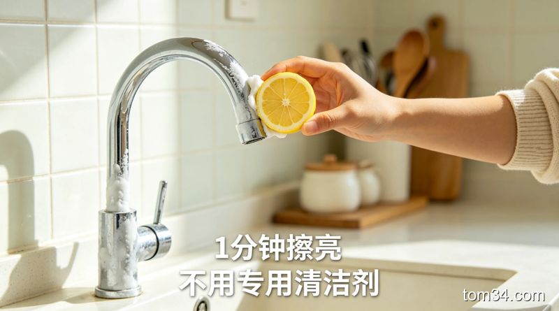 女生拿鲜柠檬片擦拭水龙头，擦过的位置光亮如新，和未擦的位置形成对比