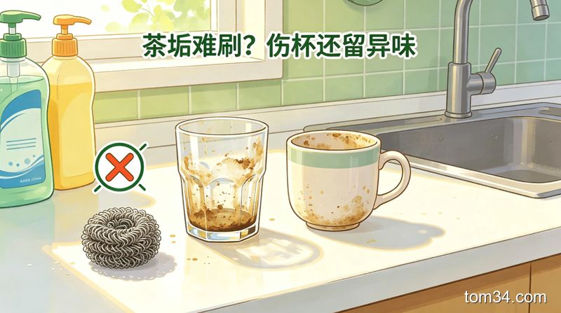 堆满带茶垢杯子的厨房台面，旁边放着硬毛刷和瓶装清洁剂