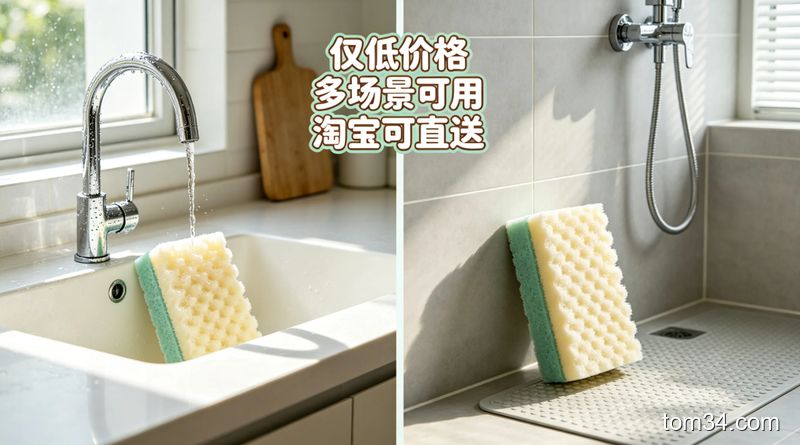 去水垢海绵分别摆放在厨房水槽边、浴室花洒旁的场景图，旁边配有醒目的8.9元价格标签