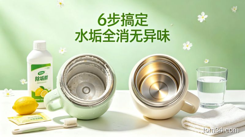 桌面展示清洁前后的热水瓶对比，左侧是布满水垢的热水瓶内壁，右侧是光洁发亮的清洁后热水瓶，配文字「6步搞定 水垢全消无异味」，清新干净风格，突出除垢效果明显