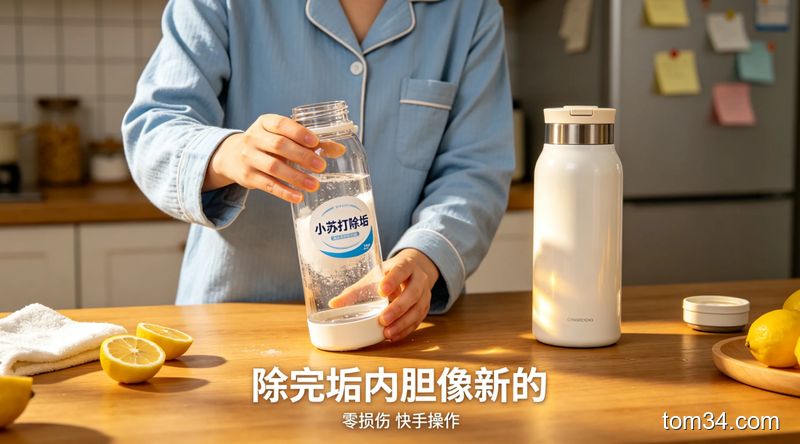 厨房台面上放着内壁带明显水垢的透明热水瓶，旁边摆着一杯温白开
