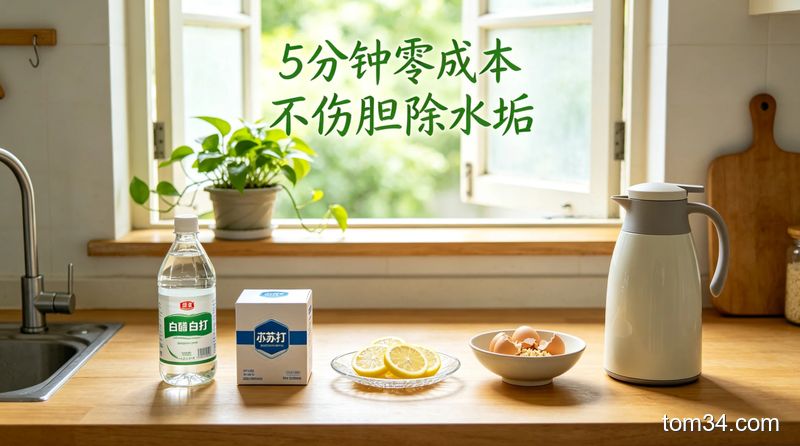 明亮整洁的厨房台面上，依次摆放着白醋瓶、小苏打罐、切好的柠檬片、捏碎的鸡蛋壳，旁侧放着一个擦得透亮的热水瓶，整体风格温馨生活化