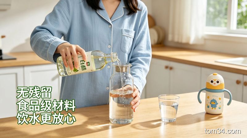清新明亮生活化厨房桌面场景，普通人正往热水瓶里倒白醋温水，旁边放着倒出的无杂质清水，图片标注文字「无残留 食品级材料 饮水更放心」，突出操作简单适合有娃家庭