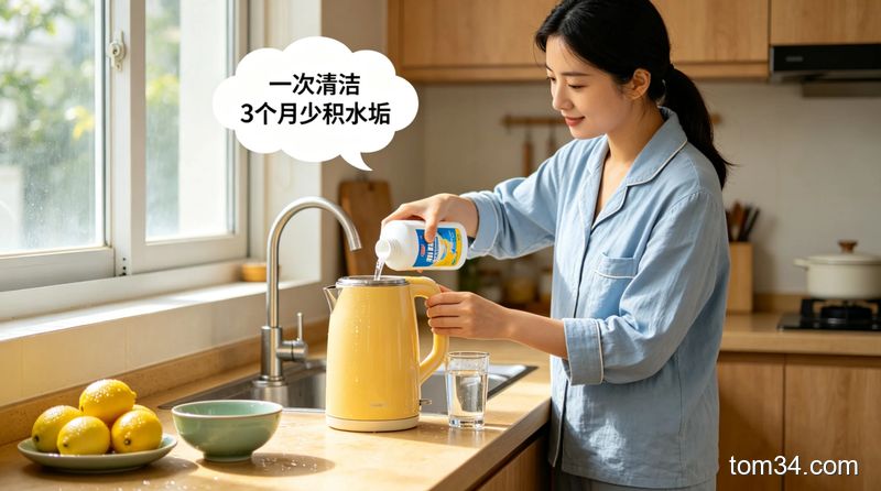 女生在明亮的厨房里，拿着擦干净的透明玻璃内胆热水瓶，往白色陶瓷杯里倒温水，背景是整洁的橱柜和绿植，氛围温馨治愈
