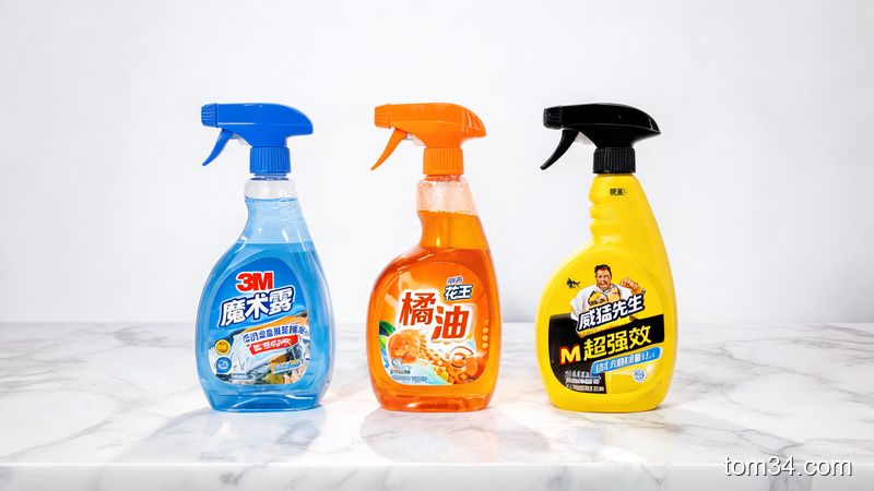 3M、花王魔术灵、威猛先生三款厨房油污清洁剂并排展示,瓶身设计各异,背景为干净厨房