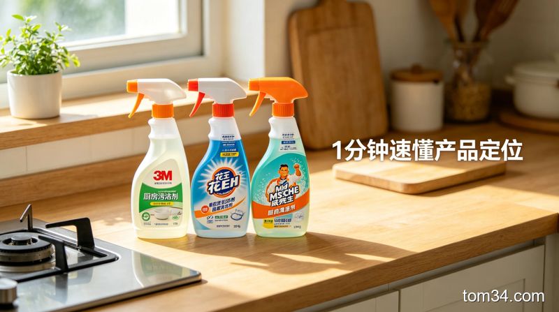 清新明亮的厨房台面场景，台面上整齐摆放3M、花王、威猛先生三款厨房油污清洁剂，旁边配文字标注「1分钟速懂产品定位」，风格生活化，突出简单易懂无复杂参数