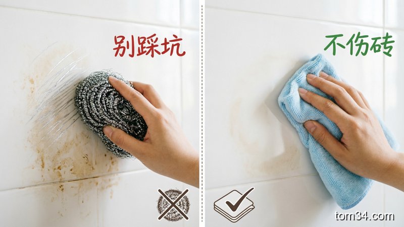 场景：厨房沾有油污的瓷砖墙面，风格：清新明亮生活化，主体动作：左侧展示用钢丝球刮瓷砖留下划痕的错误操作，右侧展示用软抹布擦瓷砖的正确操作，关键元素：添加“别踩坑”“不伤砖”文字标注，突出简单清洁特点