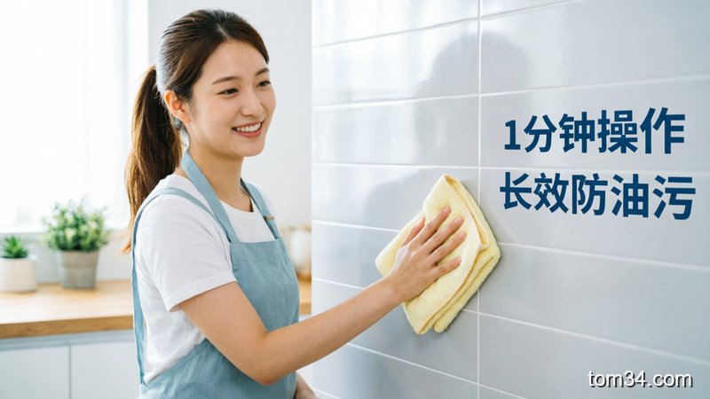 场景：干净明亮的厨房瓷砖区域，风格：清新明亮生活化，主体动作：人站在厨房随手用抹布擦瓷砖表层的轻松动作，关键元素：添加“1分钟操作”“长效防油污”文字标注，突出零负担清洁特点