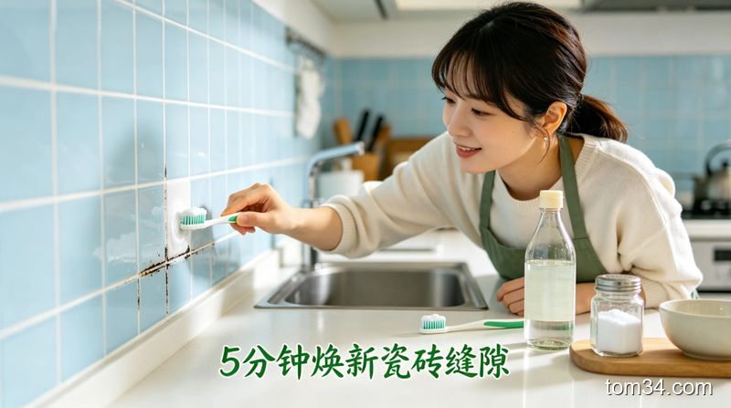 清新明亮生活化厨房场景，展示用旧牙刷蘸白醋食盐调和液刷发黑的瓷砖缝隙，刷过的缝隙洁白和未刷的发黑形成明显对比，搭配文字标注「5分钟焕新瓷砖缝隙」