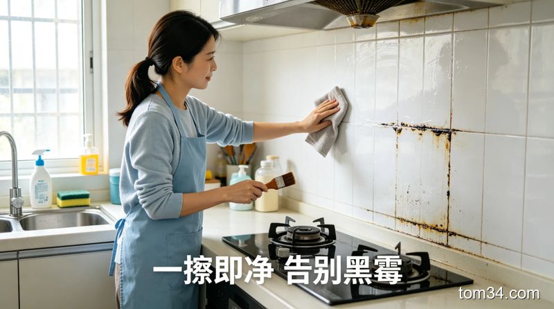 明亮厨房场景，人物一手拿抹布擦墙面油污，一手拿小刷子刷瓷砖缝隙黑垢，擦完的墙面白净如新，画面标注‘一擦即净 告别黑霉’文字，风格生活化