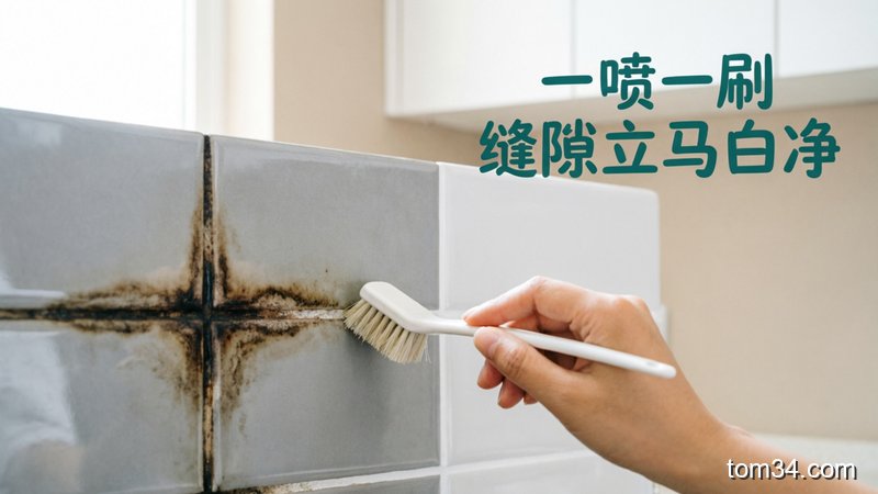 厨房墙面瓷砖场景，一半是发黑有油污的瓷砖缝隙，一半是刷完白净的状态，普通人拿小刷子轻刷瓷砖缝隙的动作，清新生活化风格，画面配文字「一喷一刷 缝隙立马白净」，突出简单、易操作