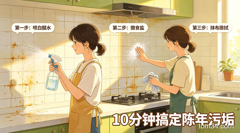 清新明亮生活化场景，年轻女生（租房党/宝妈形象）3步擦拭厨房瓷砖油污的动作拆解，依次是喷白醋水、撒食盐、抹布擦拭，配文字标注「10分钟搞定陈年污垢」，背景是带轻微油污的厨房瓷砖墙面，突出操作简单快速