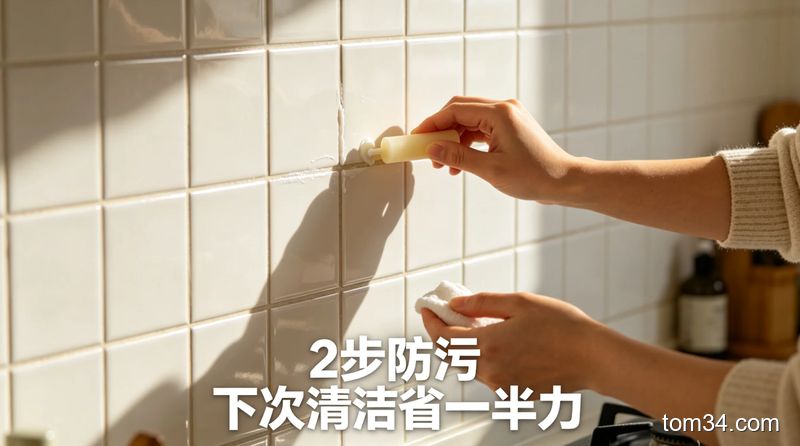 干净明亮的厨房瓷砖墙面，一只手纵向涂蜡烛在瓷砖接缝处，另一只手往瓷砖上涂洗洁精，配文字标注「2步防污 下次清洁省一半力」