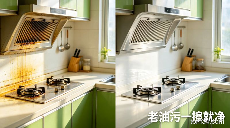 左右对比图：左侧是沾满重油污的灶台、积了老油渍的油烟机滤网、有酱料污渍的台面，右侧是用安芭树清洁剂擦完的干净亮洁的效果