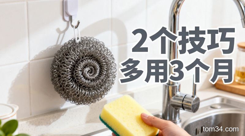 厨房水槽边挂钩处，挂在挂钩上的干净钢丝球，被捏出污水后焕然一新的纳米海绵，风格清新明亮生活化，配中文文字「2个技巧多用3个月」，突出低成本、方便易操作