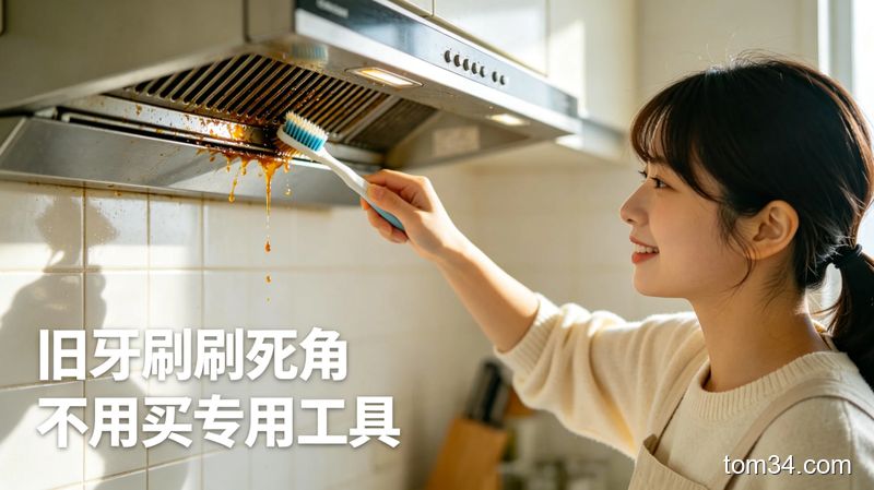 女生用旧牙刷刷洗油烟机缝隙的近景场景，油污很容易就被刷下来，清新明亮生活化风格，画面加文字标注「旧牙刷刷死角 不用买专用工具」，突出方便、省钱