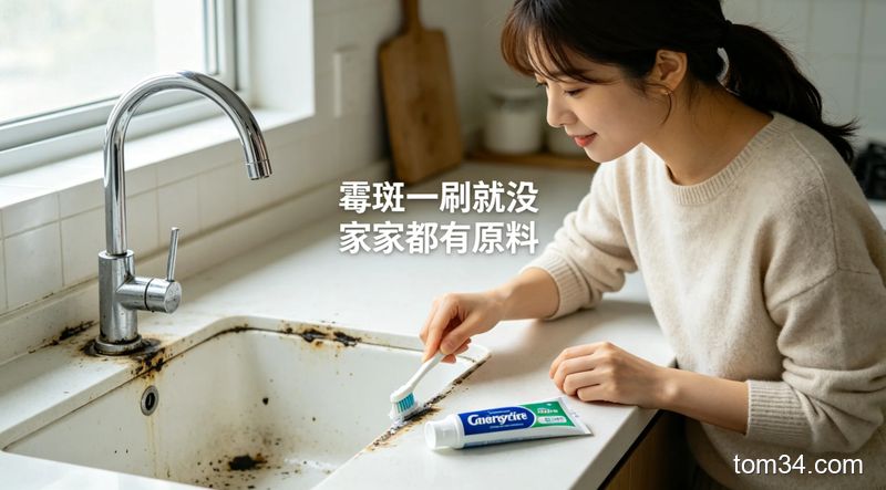 清新明亮生活化厨房场景，水槽与台面接缝、水龙头底座有发黑的霉斑，人物手持旧牙刷沾牙膏刷霉斑位置，旁边摆放普通家用牙膏，配文字“霉斑一刷就没 家家都有原料”，突出简单易操作