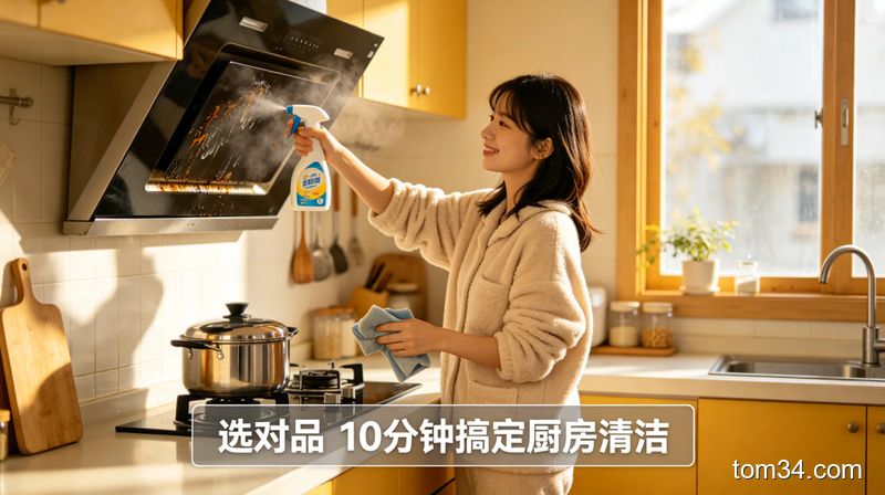 女生对着油烟机喷绿伞油烟净，油污顺着墙面流下来，旁边放着干净的抹布