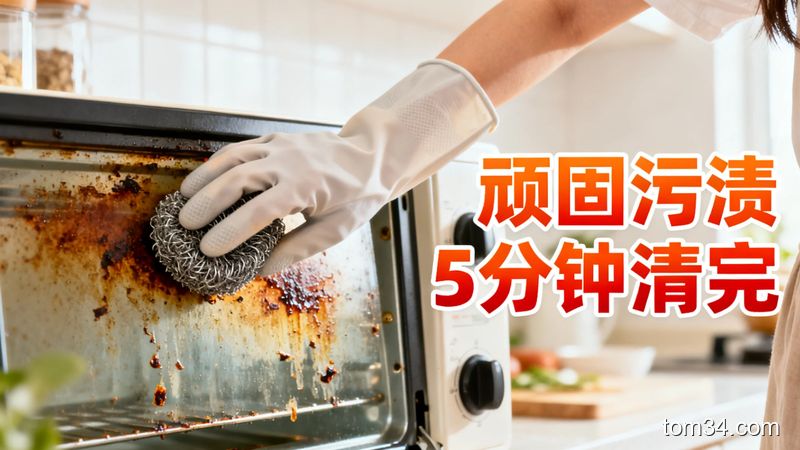 清新明亮生活化厨房场景，博主戴家务手套用软钢丝球轻轻擦拭烤箱内壁焦印，动作轻松不费力，配文字&lsquo;顽固污渍5分钟清完&rsquo;，突出不伤涂层好操作