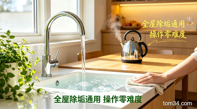 用食用碱擦拭灶台、水龙头、烧水壶的前后效果对比图，清洁前后差异明显