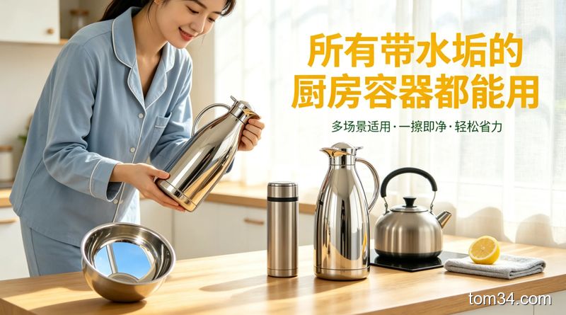 厨房台面上放着结了厚厚水垢的老式热水瓶，旁边摆着一盒食用小苏打，背景是明亮的暖调厨房