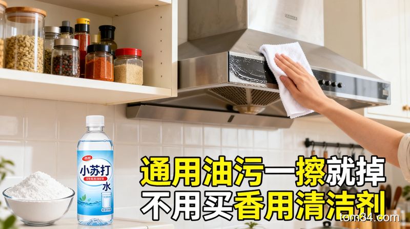 清新明亮生活化厨房场景，人手拿着沾了小苏打水的抹布依次擦拭橱柜、调料瓶、油烟机外壳表面，旁边只摆着小苏打、抹布两样清洁用品，配文字标注‘通用油污一擦就掉 不用买专用清洁剂’，风格温馨家常