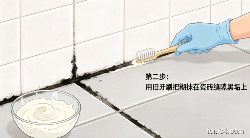 女生用旧牙刷刷厨房瓷砖缝隙，缝隙黑垢被刷掉露出白色填缝剂的对比场景