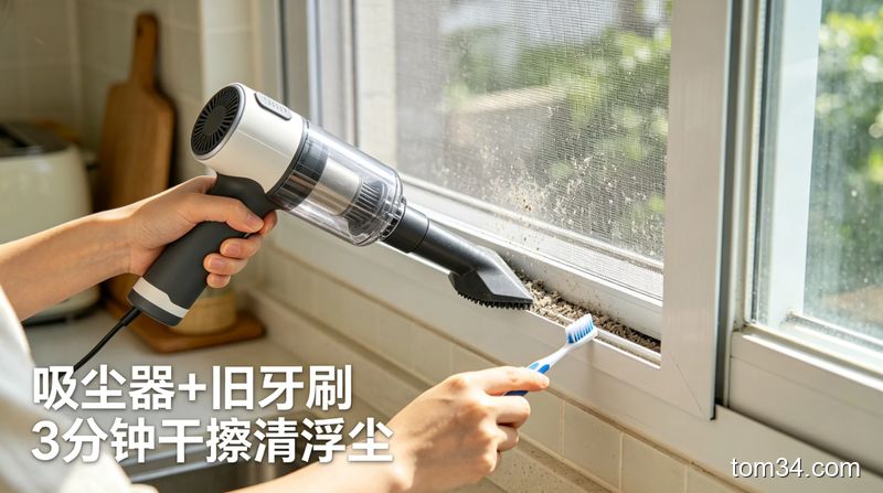 生活化厨房场景，人拿着装了扁吸头的家用吸尘器吸纱窗浮尘，另一只手用旧牙刷轻刷纱窗缝隙，配文字标注「吸尘器+旧牙刷 3分钟干擦清浮尘」，风格明亮干净，突出方便快捷