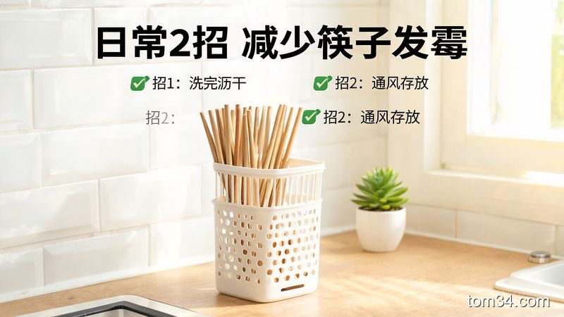 清新明亮厨房场景，干净的筷子放在通风沥水筷笼里，配文字「日常2招 减少筷子发霉」，生活化写实风格，突出省心省力