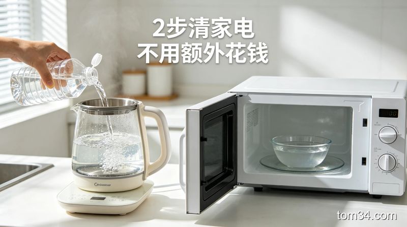 明亮厨房场景，左侧是倒了白醋正在溶解水垢的电热水壶，右侧是放了白醋水碗的微波炉，配文字「2步清家电 不用额外花钱」，画面干净简洁，突出高效快速