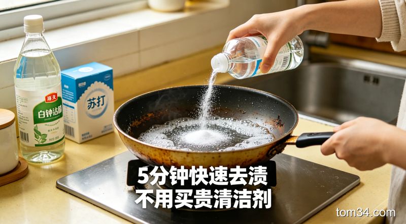 清新明亮生活化厨房场景，台面摆放白醋、小苏打、带轻中度焦渍的铁锅，人手往淋湿的锅底撒小苏打倒白醋冒出细密气泡，配文字标注「5分钟快速去渍 不用买贵清洁剂」，突出简单好操作