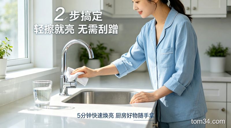 女生用喷壶喷白醋在水龙头上，用百洁布轻擦后水龙头锃亮的厨房清洁操作场景