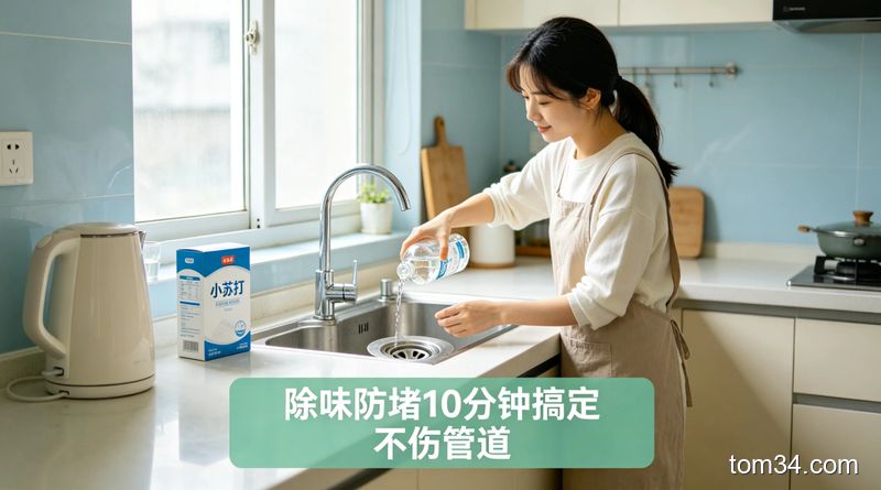 清新明亮生活化厨房场景，家用不锈钢水槽表面有灰蒙蒙的水渍污垢，人物手持旧毛巾沾小苏打擦拭水槽，旁边摆放普通食用小苏打盒，配文字“5分钟擦得锃亮 不用额外花钱”，突出简单快手低成本