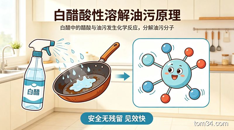 卡通易懂的科普风格，简单展示白醋酸性溶解油污的原理，无复杂公式，背景是浅色系厨房，配文字「安全无残留 见效快」