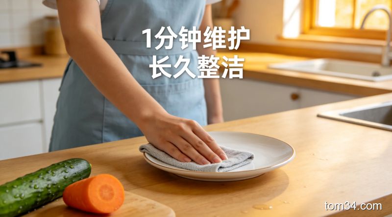 炒完菜后，家长顺手拿湿抹布擦拭还有余温的灶台，动作轻松随意，台面干净没有油污